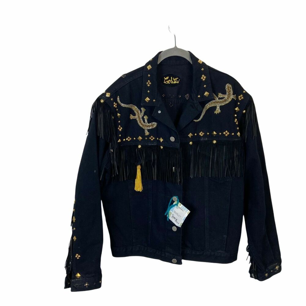 Jean Jacket Lizard Fringe Denim Colette Women's Black Hand Crafted sz Medium